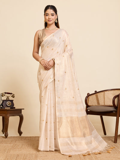 Fabrica Vibe Ivory Linen Cotton Saree with  Embroidery and Golden Woven Motifs & Elegant Tassels