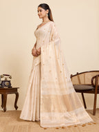 Fabrica Vibe Ivory Linen Cotton Saree with  Embroidery and Golden Woven Motifs & Elegant Tassels