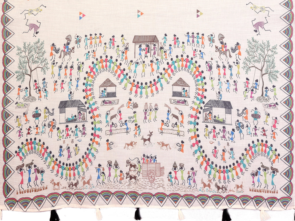 Fabrica Vibe Off-White Soft Linen Saree with Tribal Warli Art Print & Tassel Pallu