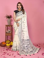 Fabrica Vibe Off-White Soft Linen Saree with Monochrome Warli Tribal Print & Tassel Pallu