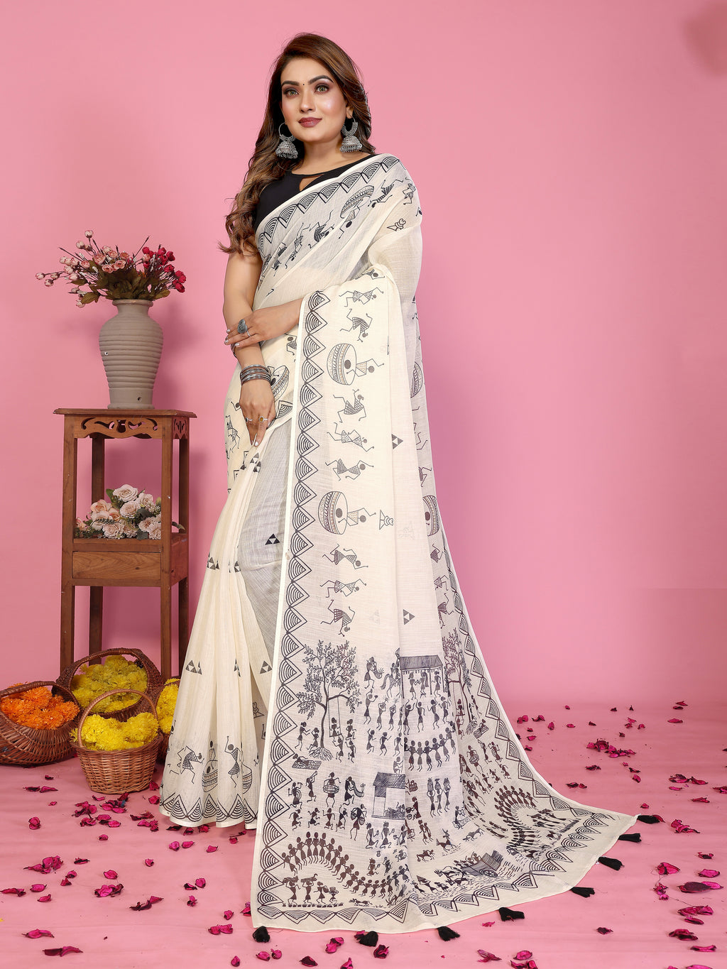 Fabrica Vibe Off-White Soft Linen Saree with Monochrome Warli Tribal Print & Tassel Pallu