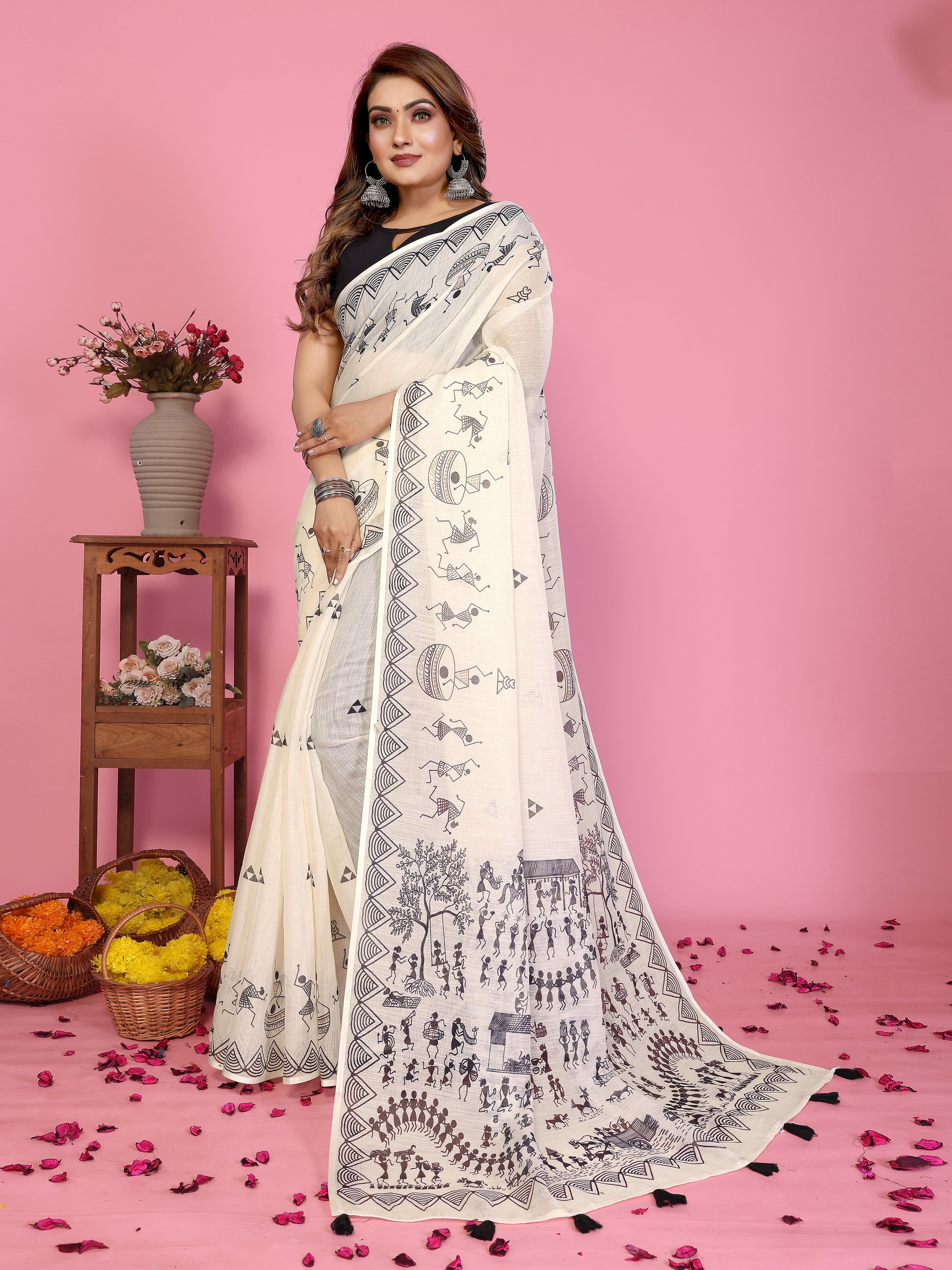 Fabrica Vibe Off-White Soft Linen Saree with Monochrome Warli Tribal Print & Tassel Pallu