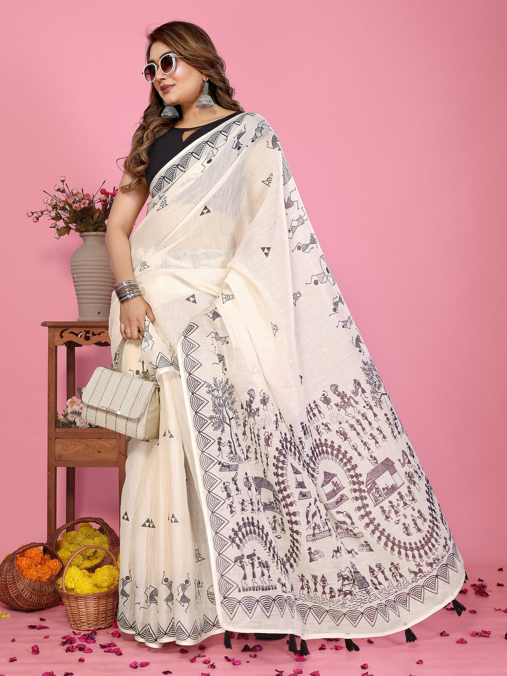 Fabrica Vibe Off-White Soft Linen Saree with Monochrome Warli Tribal Print & Tassel Pallu
