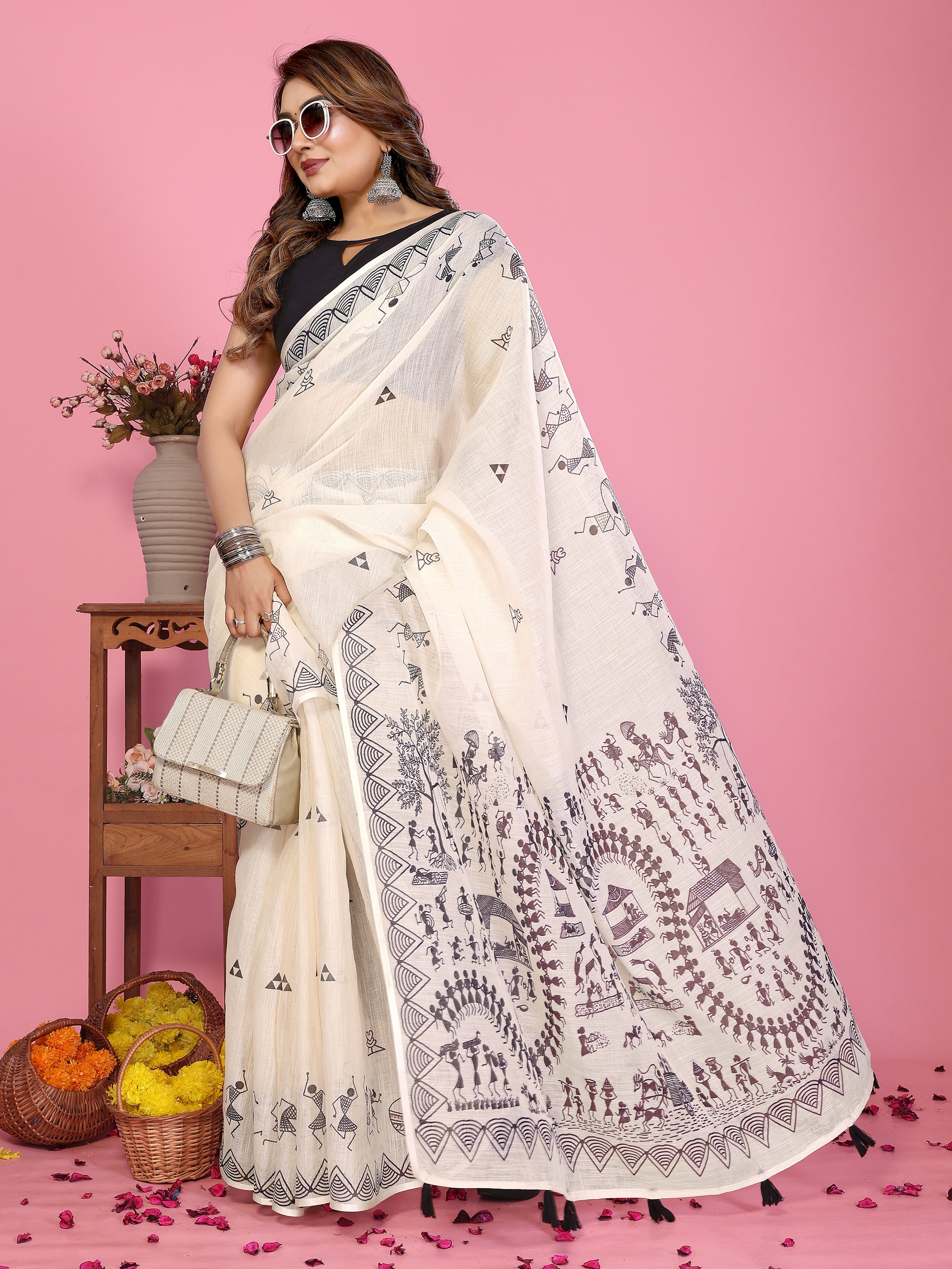 Fabrica Vibe Off-White Soft Linen Saree with Monochrome Warli Tribal Print & Tassel Pallu