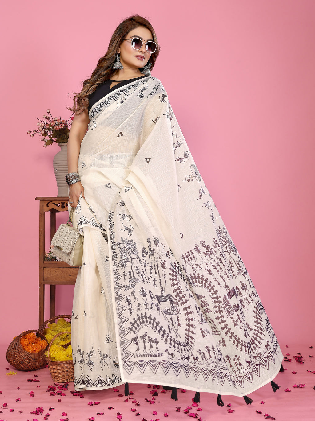 Fabrica Vibe Off-White Soft Linen Saree with Monochrome Warli Tribal Print & Tassel Pallu