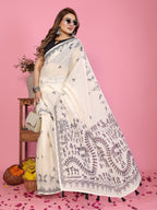 Fabrica Vibe Off-White Soft Linen Saree with Monochrome Warli Tribal Print & Tassel Pallu