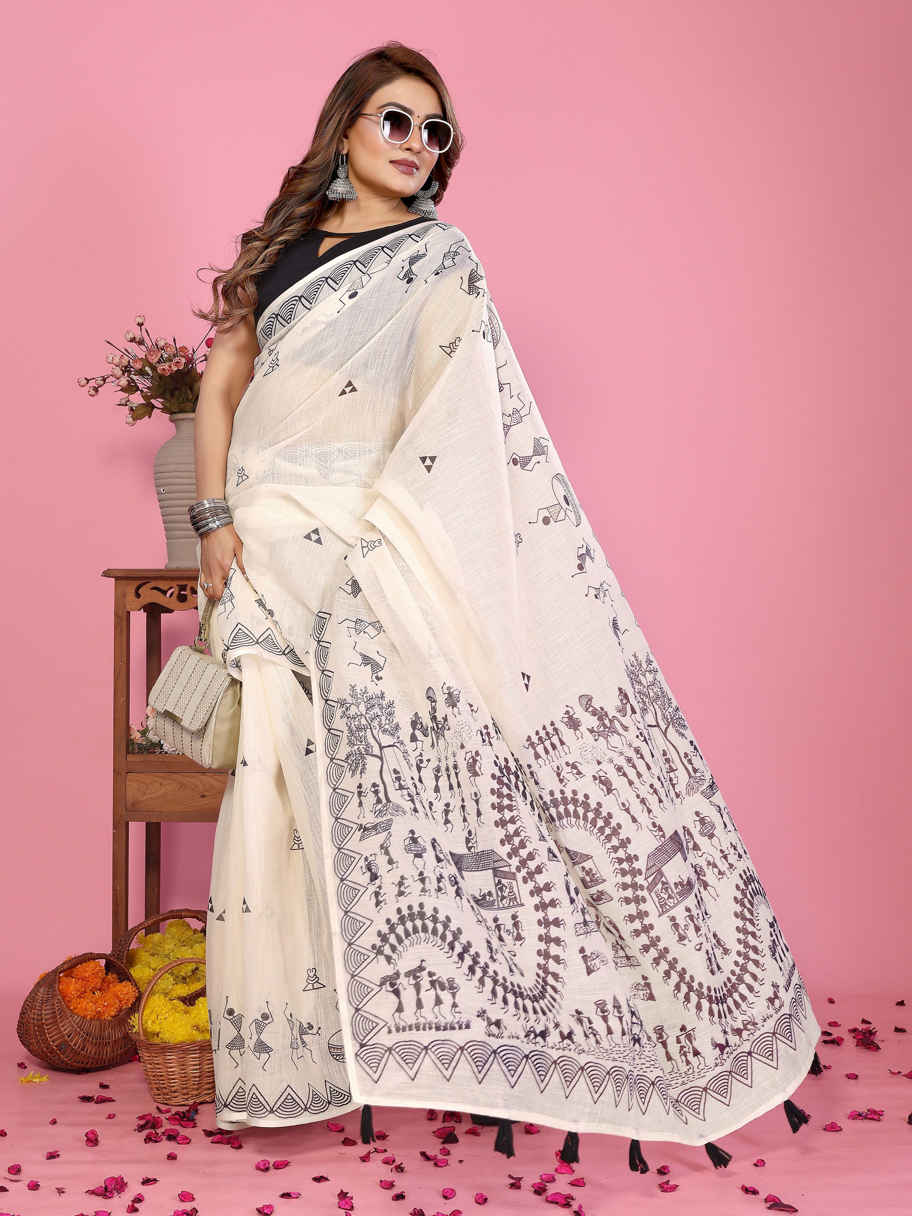 Fabrica Vibe Off-White Soft Linen Saree with Monochrome Warli Tribal Print & Tassel Pallu