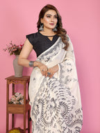 Fabrica Vibe Off-White Soft Linen Saree with Monochrome Warli Tribal Print & Tassel Pallu