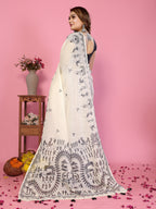 Fabrica Vibe Off-White Soft Linen Saree with Monochrome Warli Tribal Print & Tassel Pallu
