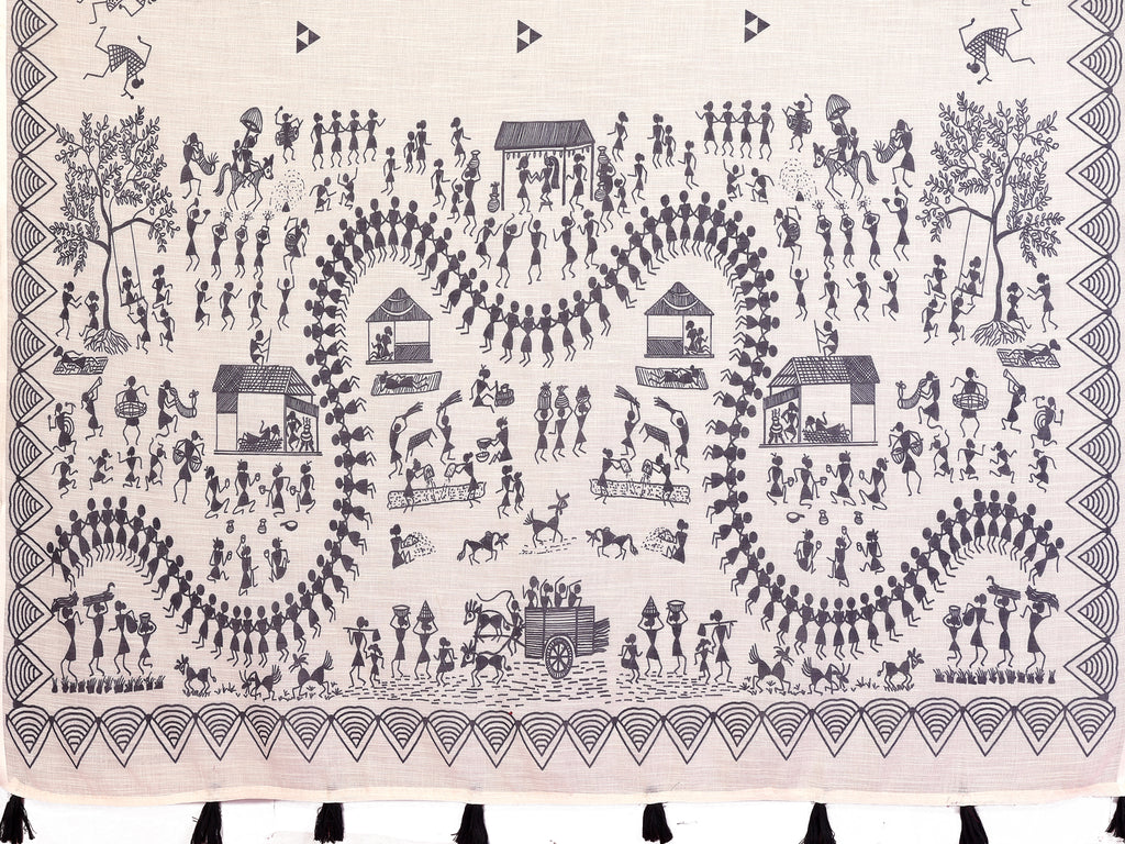 Fabrica Vibe Off-White Soft Linen Saree with Monochrome Warli Tribal Print & Tassel Pallu
