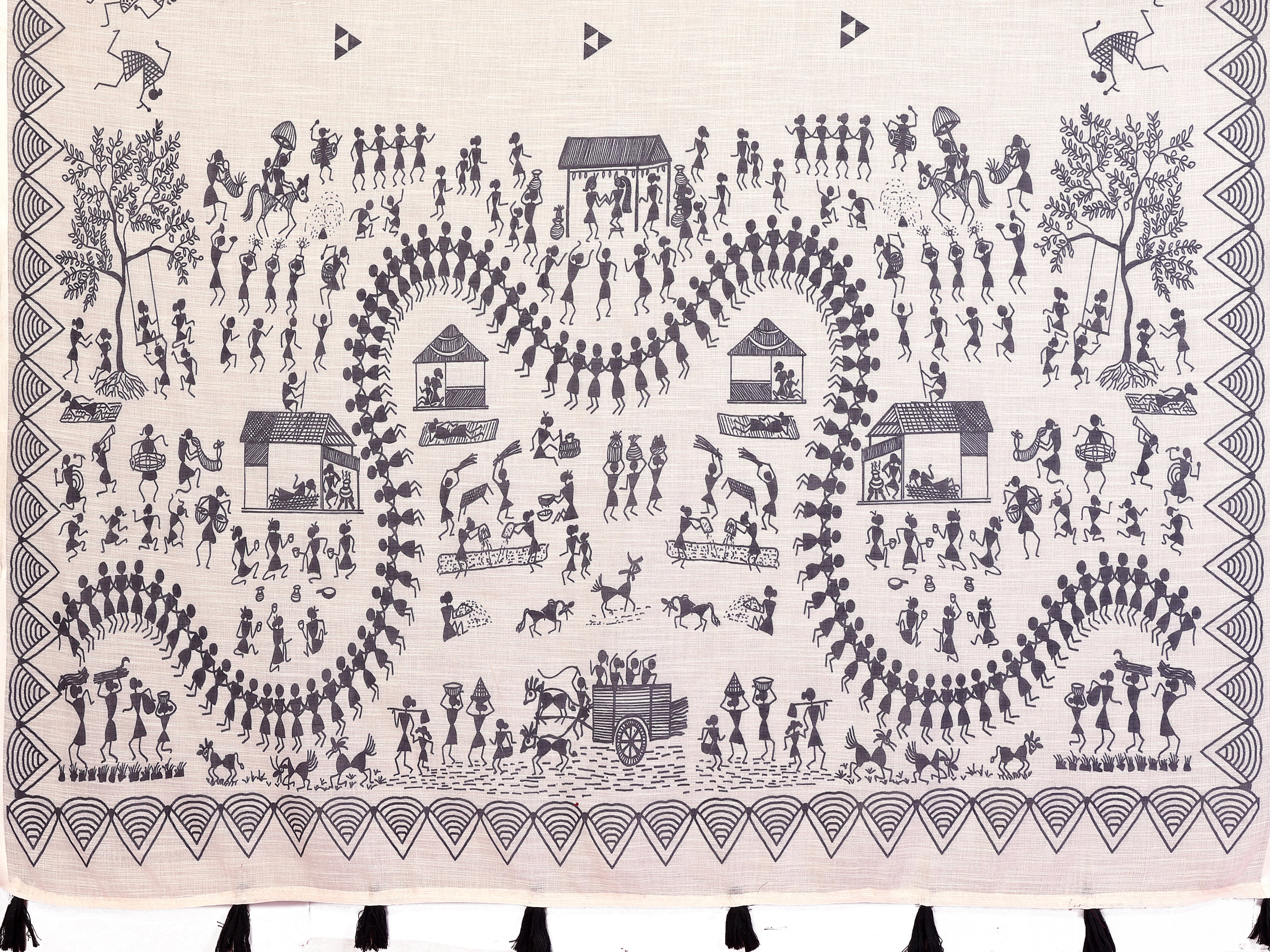 Fabrica Vibe Off-White Soft Linen Saree with Monochrome Warli Tribal Print & Tassel Pallu