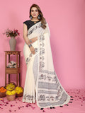 Fabrica Vibe Off-White Soft Linen Saree with Elephant Motif Print & Ethnic Tribal Border