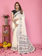 Fabrica Vibe Off-White Soft Linen Saree with Elephant Motif Print & Ethnic Tribal Border