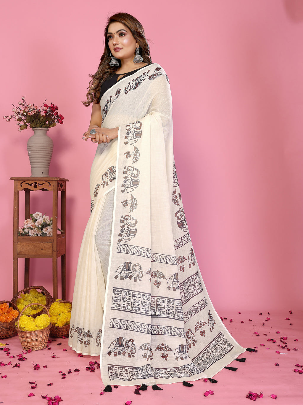 Fabrica Vibe Off-White Soft Linen Saree with Elephant Motif Print & Ethnic Tribal Border