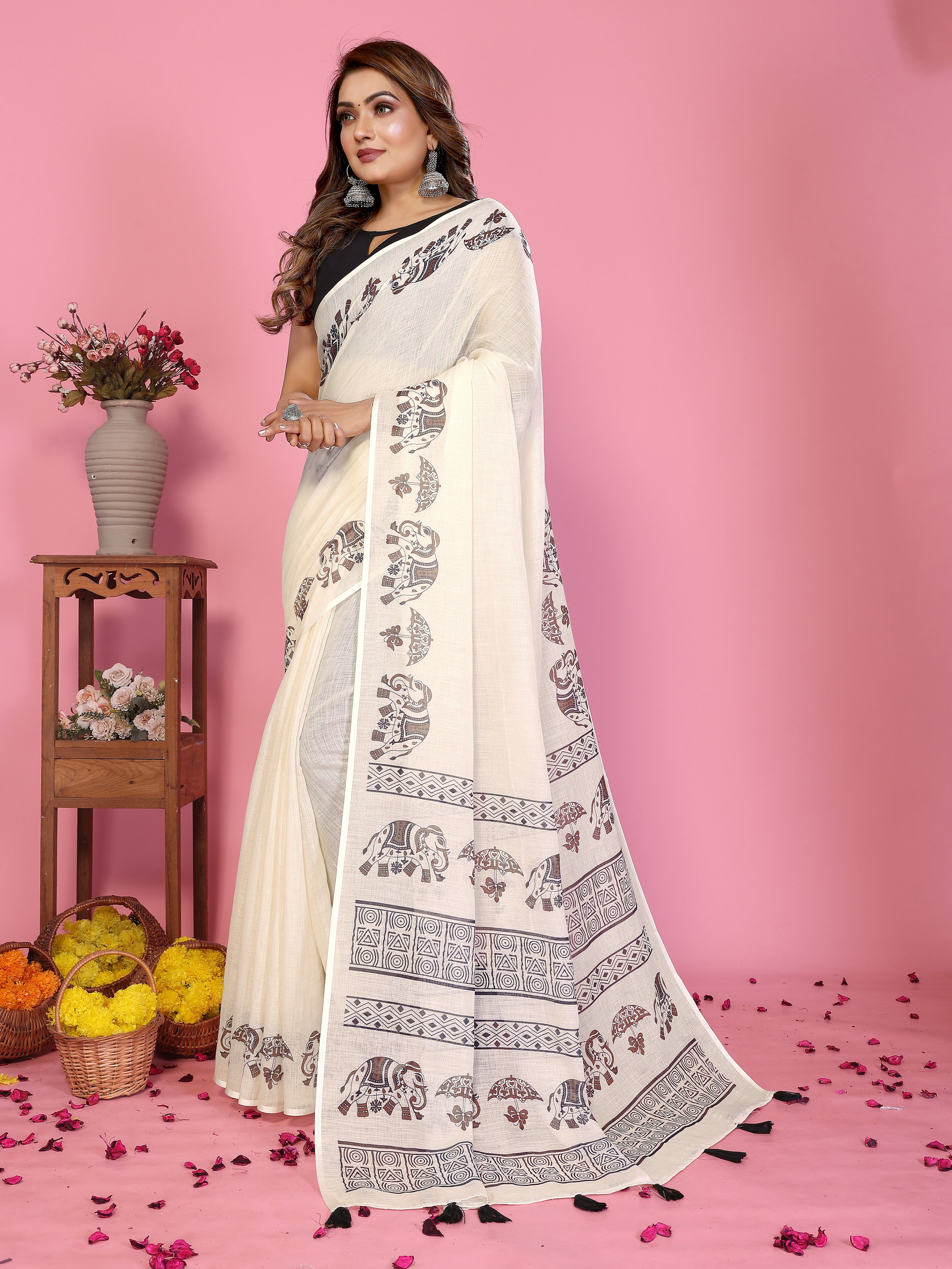 Fabrica Vibe Off-White Soft Linen Saree with Elephant Motif Print & Ethnic Tribal Border