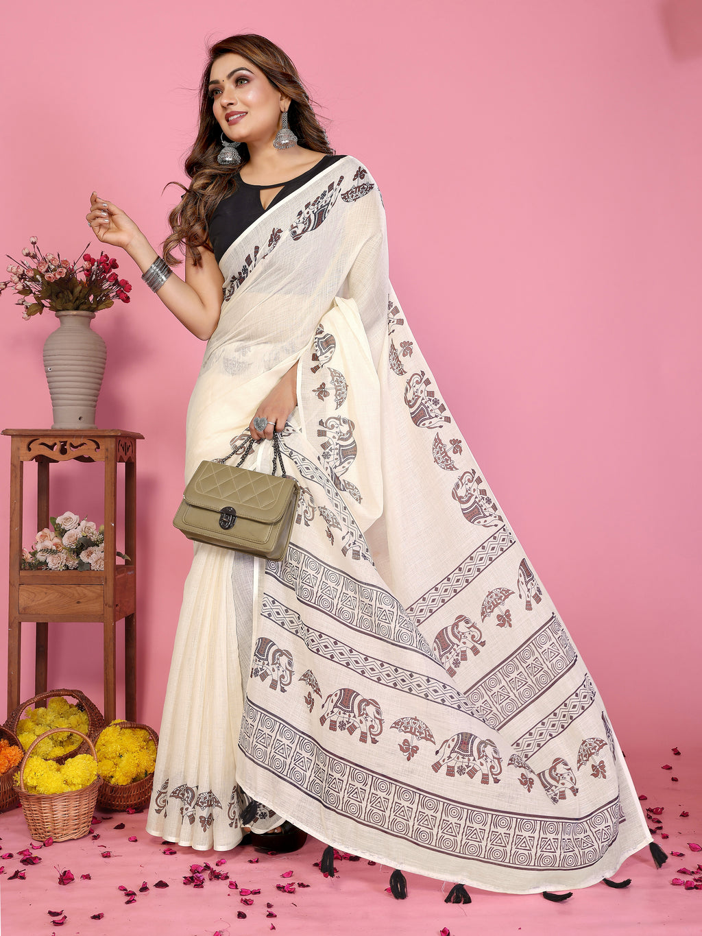 Fabrica Vibe Off-White Soft Linen Saree with Elephant Motif Print & Ethnic Tribal Border