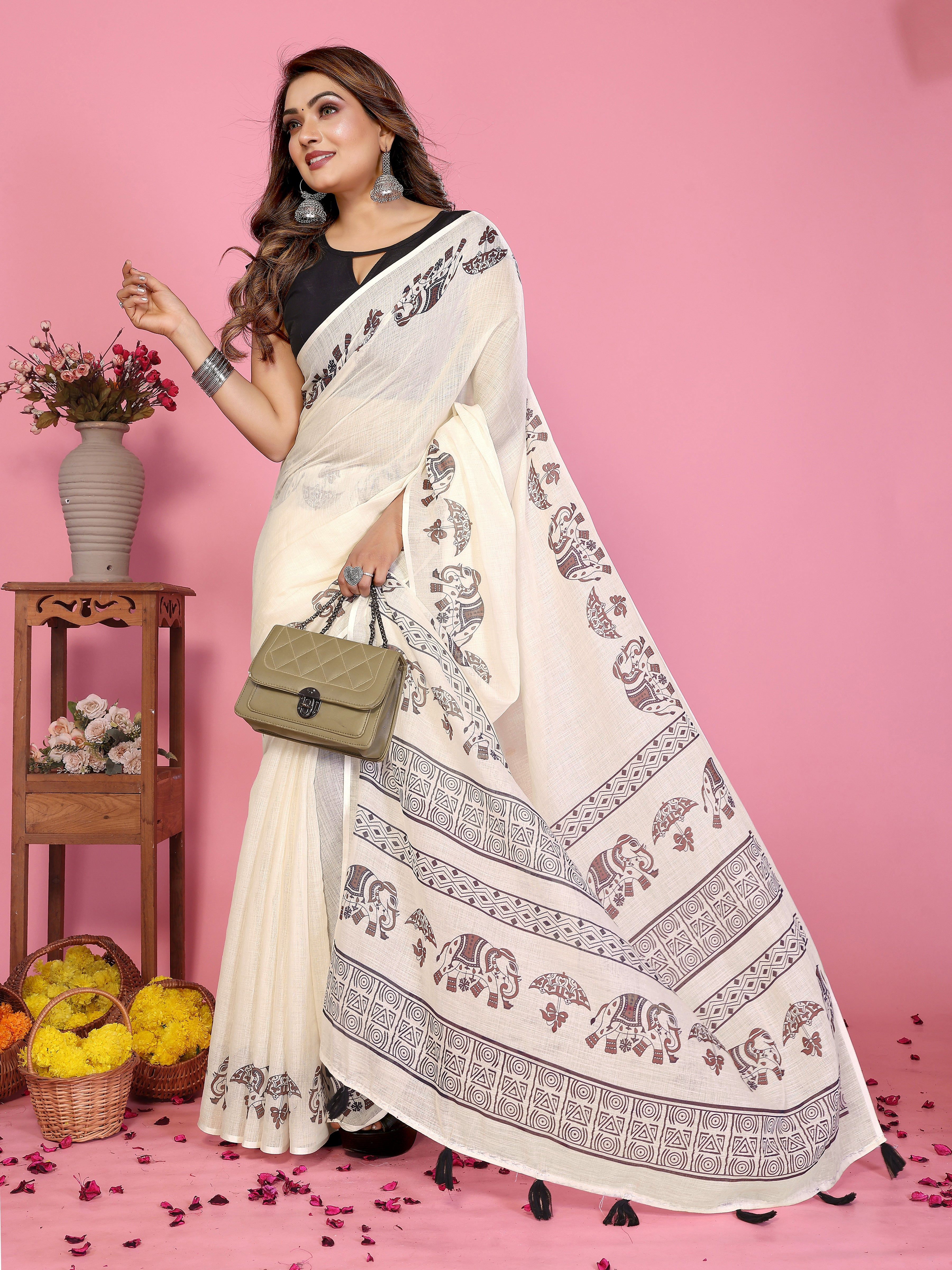 Fabrica Vibe Off-White Soft Linen Saree with Elephant Motif Print & Ethnic Tribal Border