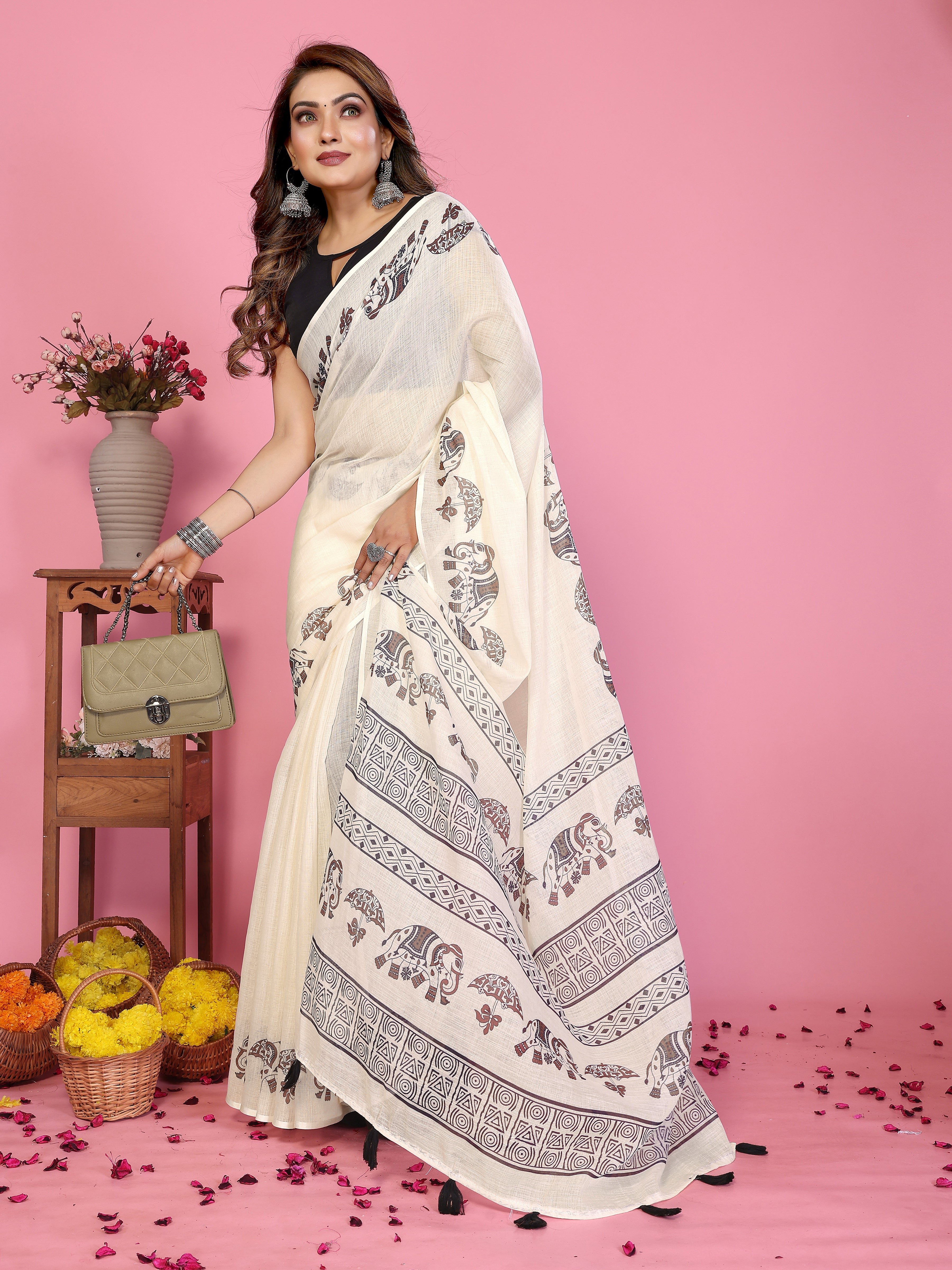 Fabrica Vibe Off-White Soft Linen Saree with Elephant Motif Print & Ethnic Tribal Border