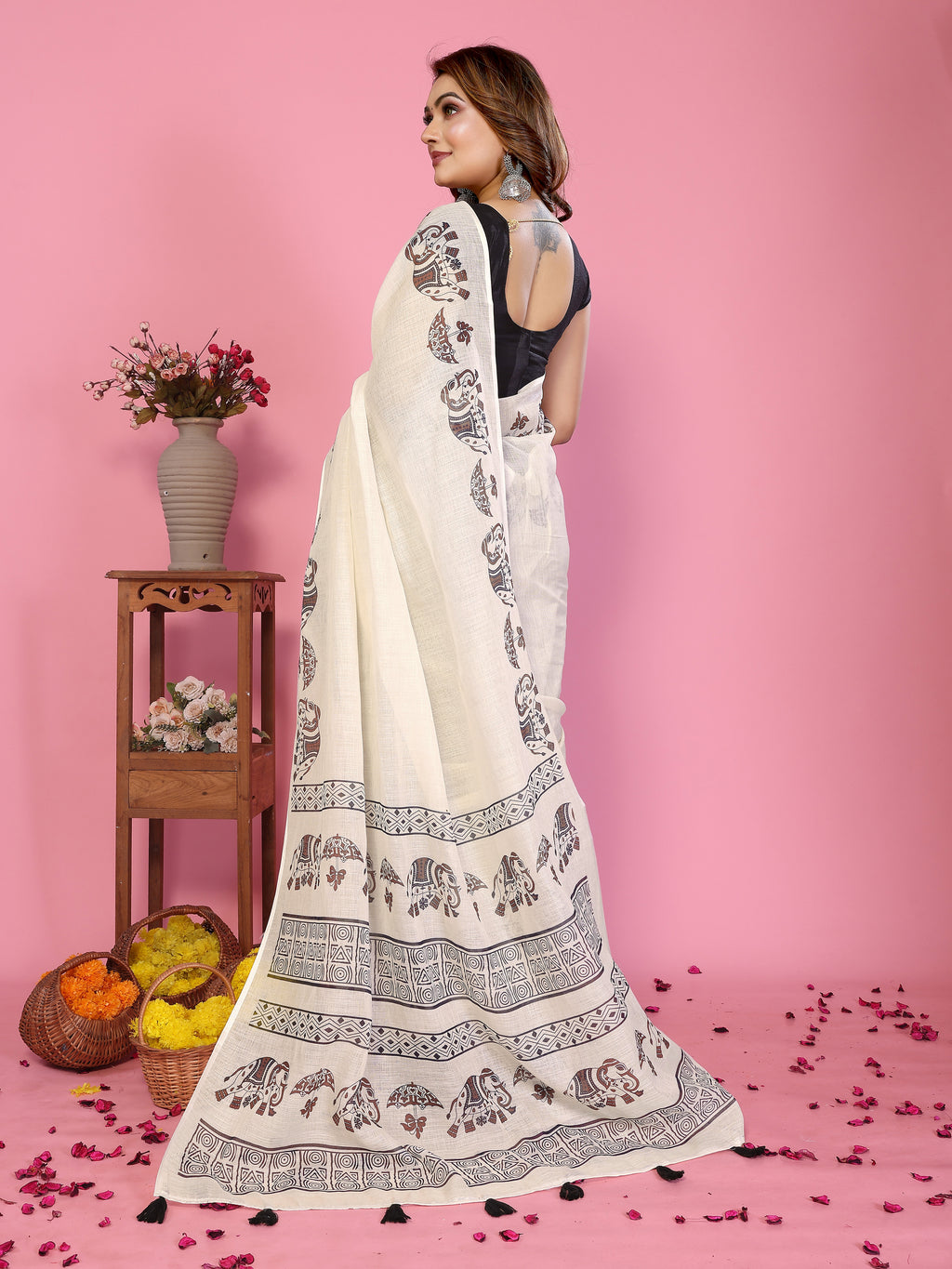 Fabrica Vibe Off-White Soft Linen Saree with Elephant Motif Print & Ethnic Tribal Border