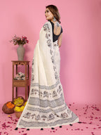 Fabrica Vibe Off-White Soft Linen Saree with Elephant Motif Print & Ethnic Tribal Border