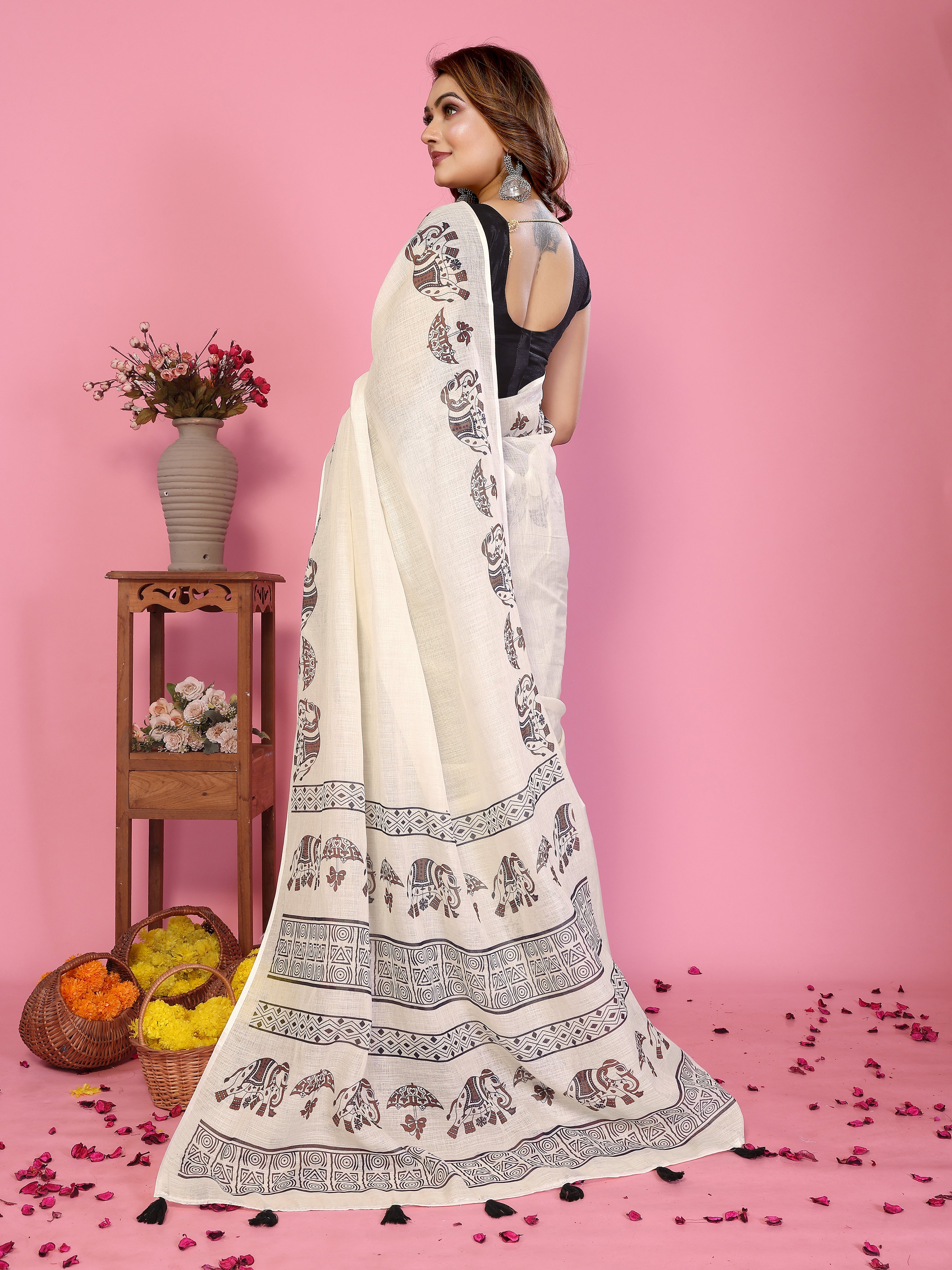 Fabrica Vibe Off-White Soft Linen Saree with Elephant Motif Print & Ethnic Tribal Border