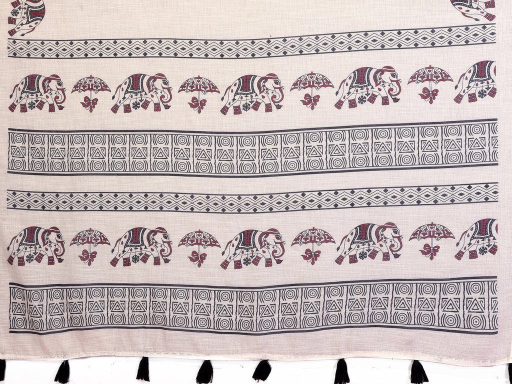 Fabrica Vibe Off-White Soft Linen Saree with Elephant Motif Print & Ethnic Tribal Border