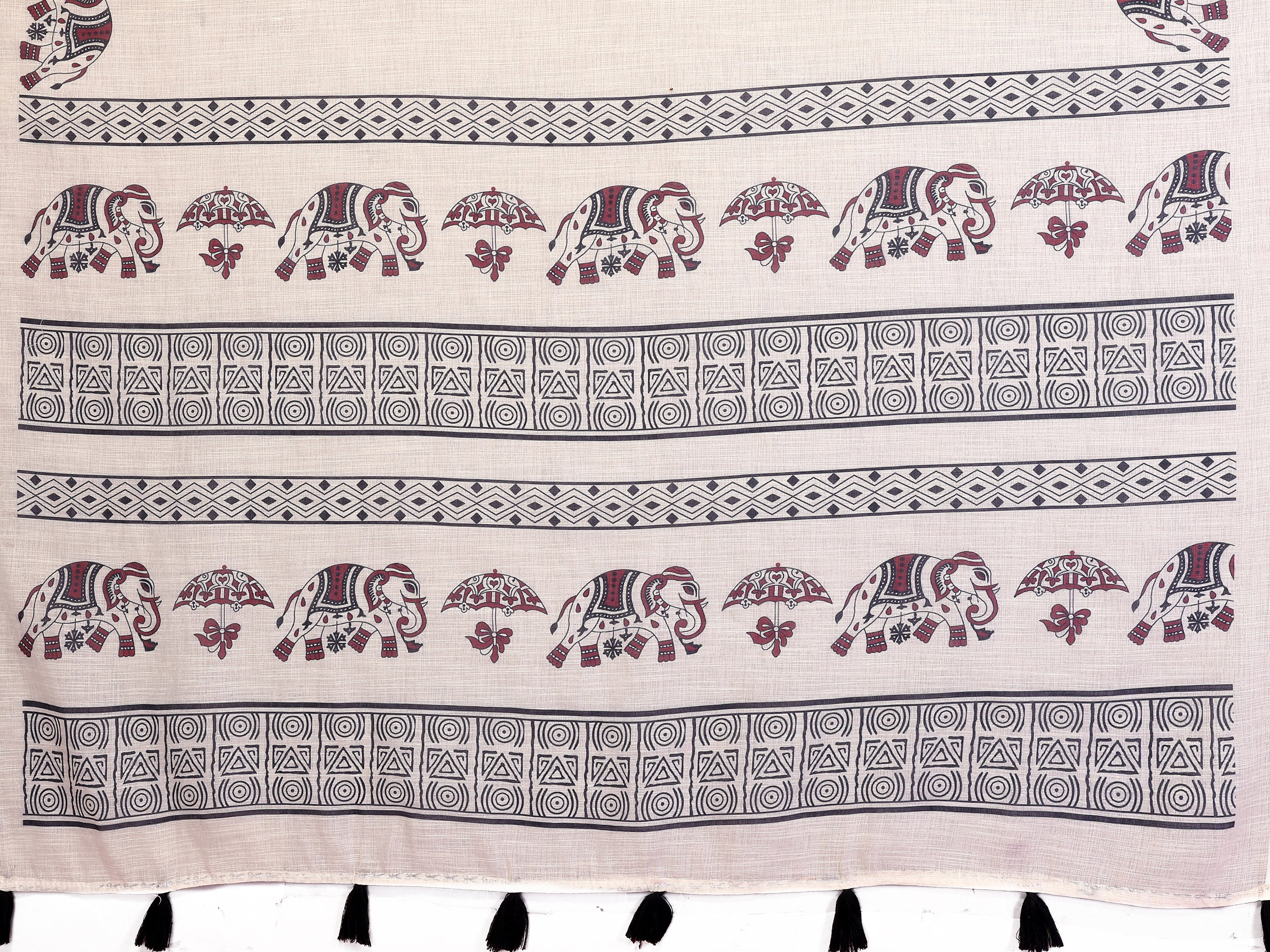 Fabrica Vibe Off-White Soft Linen Saree with Elephant Motif Print & Ethnic Tribal Border