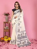 Fabrica Vibe Off-White Soft Linen Saree with Elephant & Palm Tree Ethnic Print