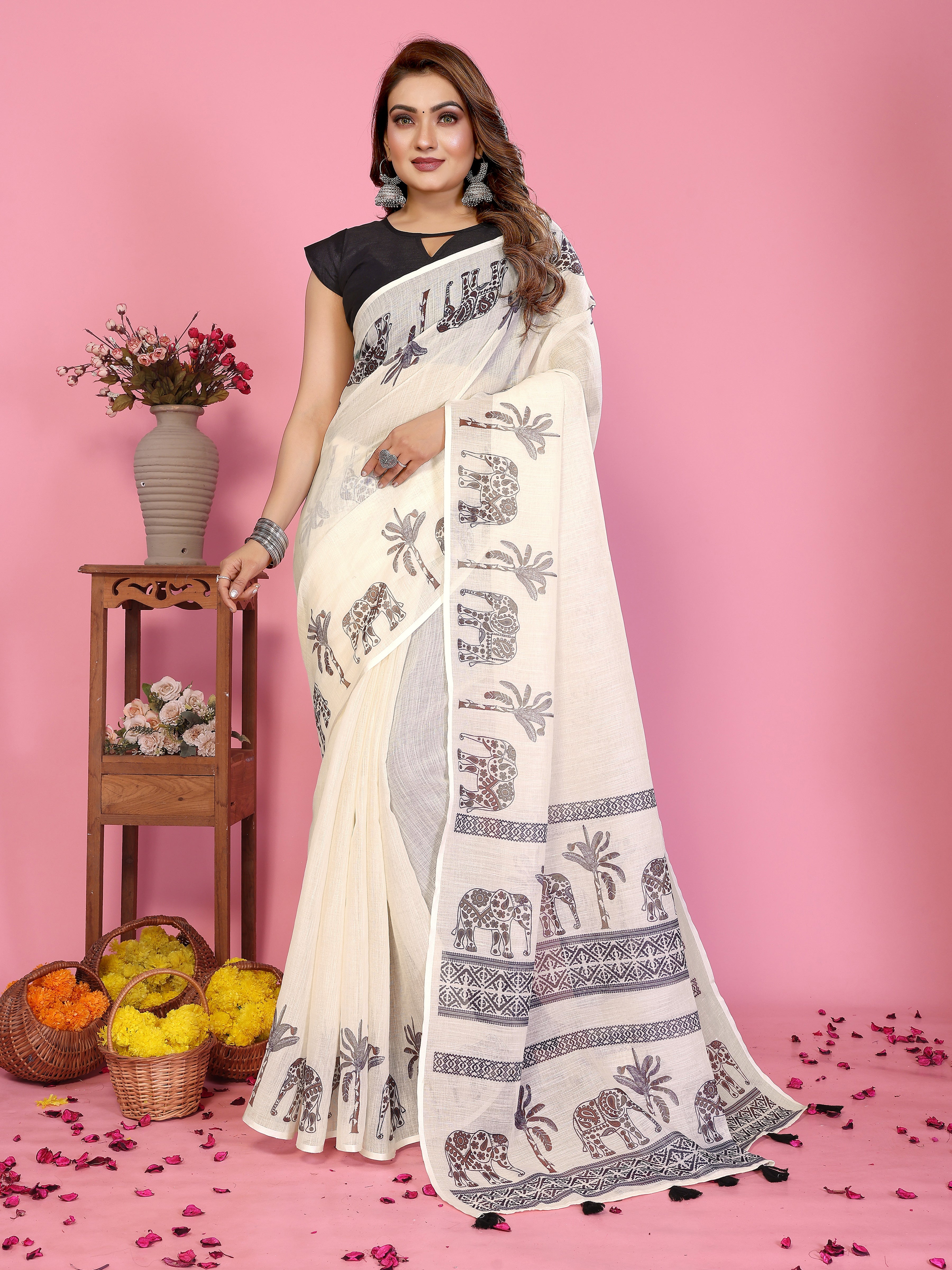 Fabrica Vibe Off-White Soft Linen Saree with Elephant & Palm Tree Ethnic Print