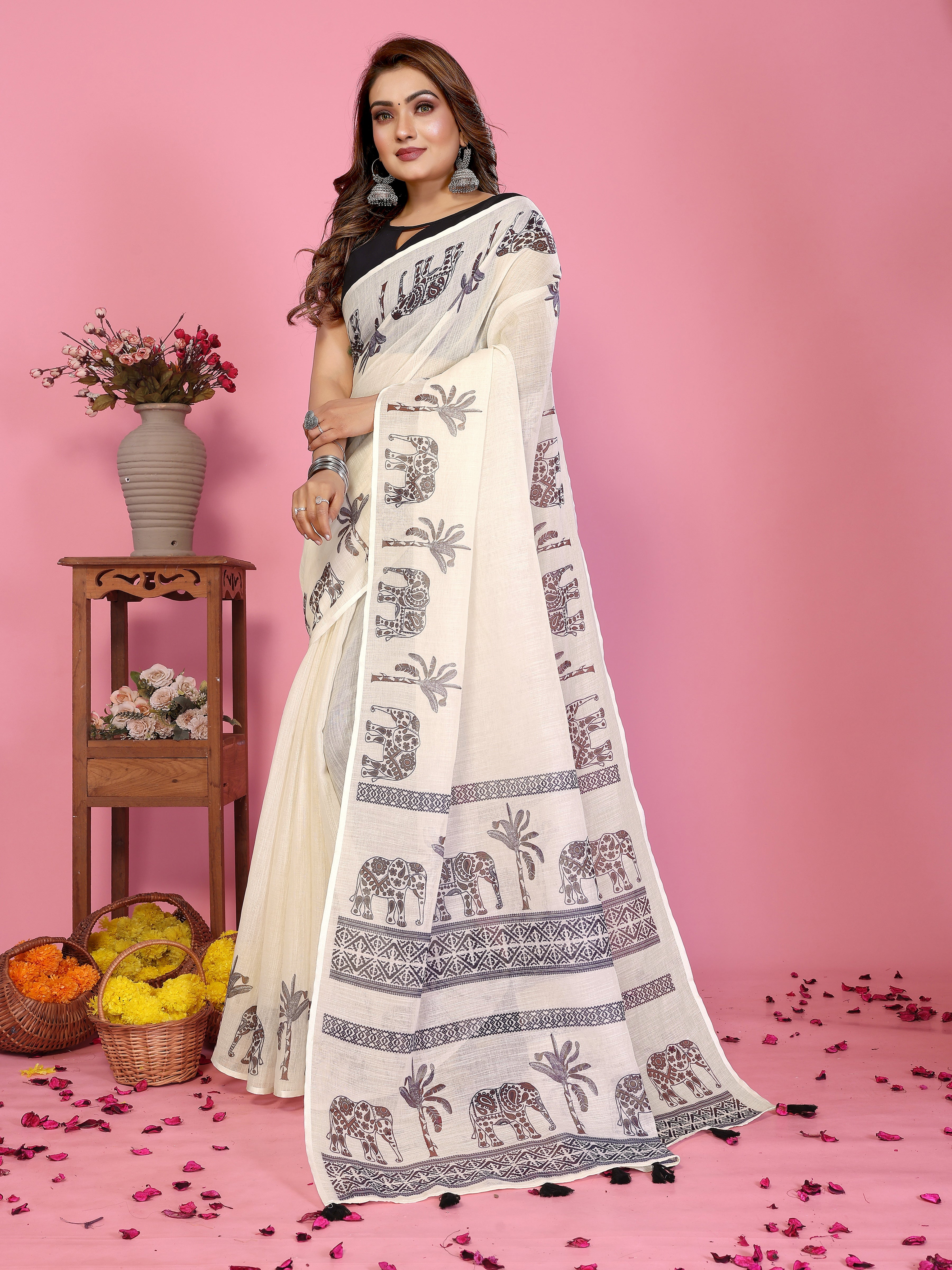 Fabrica Vibe Off-White Soft Linen Saree with Elephant & Palm Tree Ethnic Print