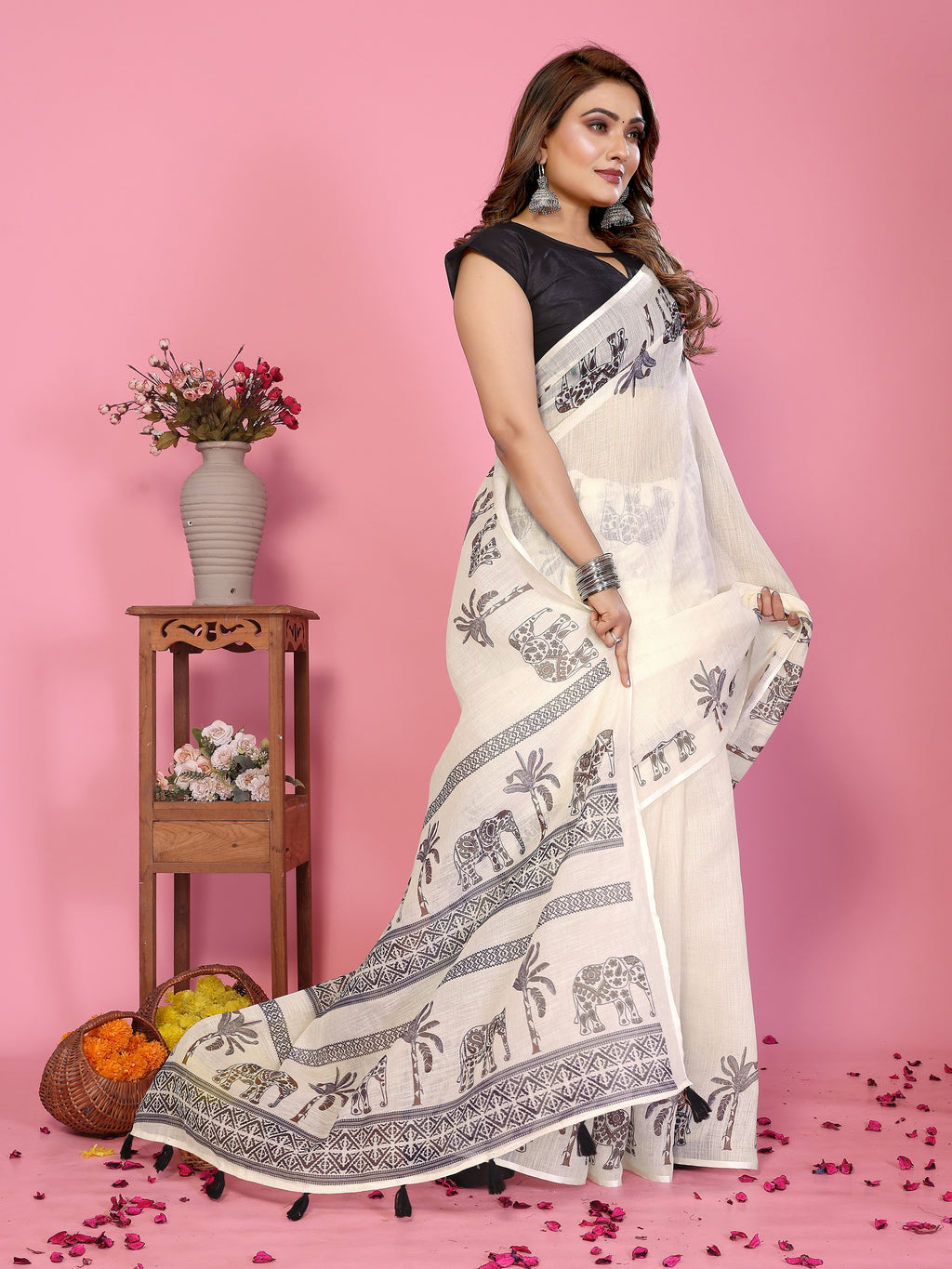 Fabrica Vibe Off-White Soft Linen Saree with Elephant & Palm Tree Ethnic Print