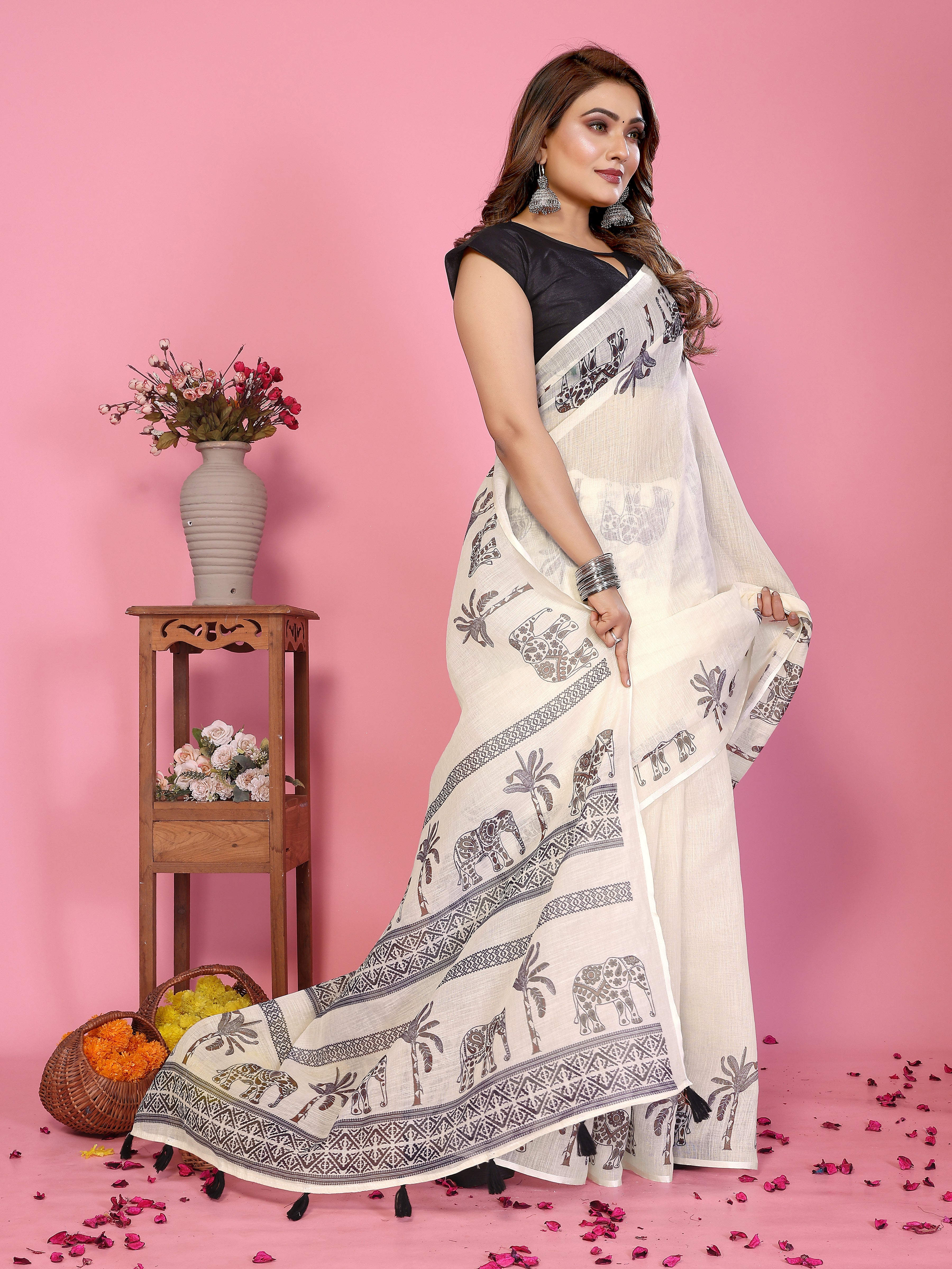 Fabrica Vibe Off-White Soft Linen Saree with Elephant & Palm Tree Ethnic Print