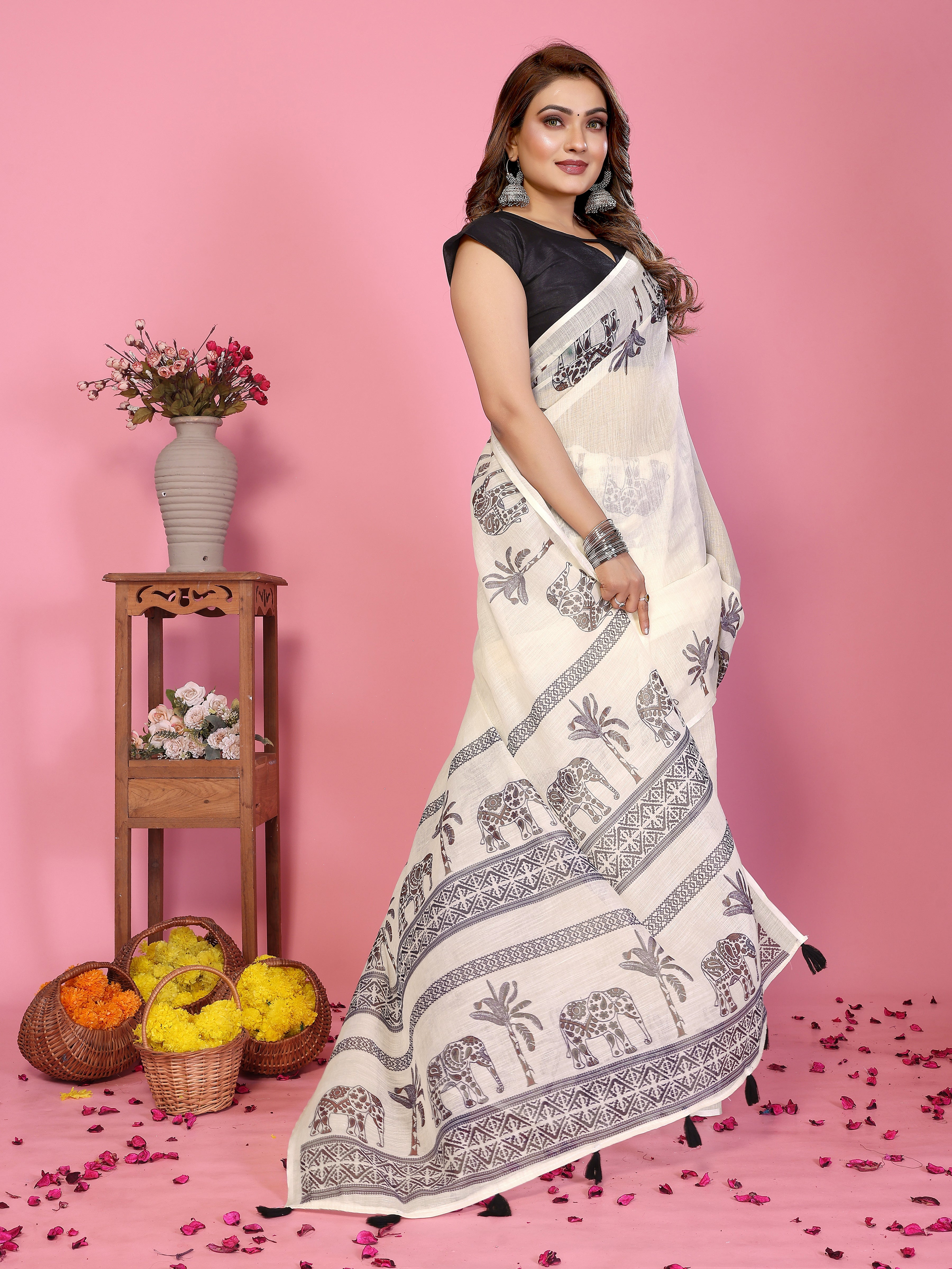 Fabrica Vibe Off-White Soft Linen Saree with Elephant & Palm Tree Ethnic Print