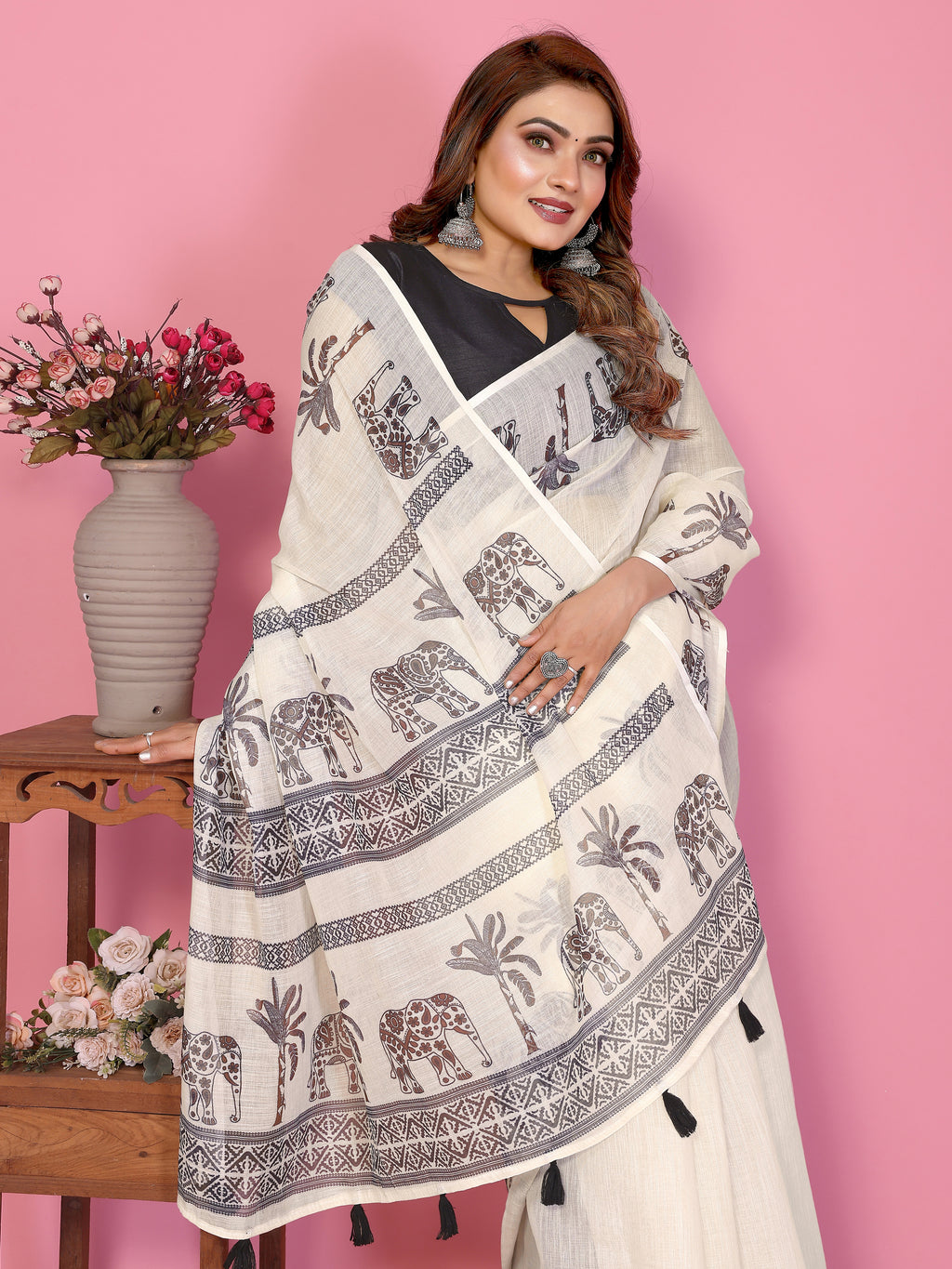 Fabrica Vibe Off-White Soft Linen Saree with Elephant & Palm Tree Ethnic Print