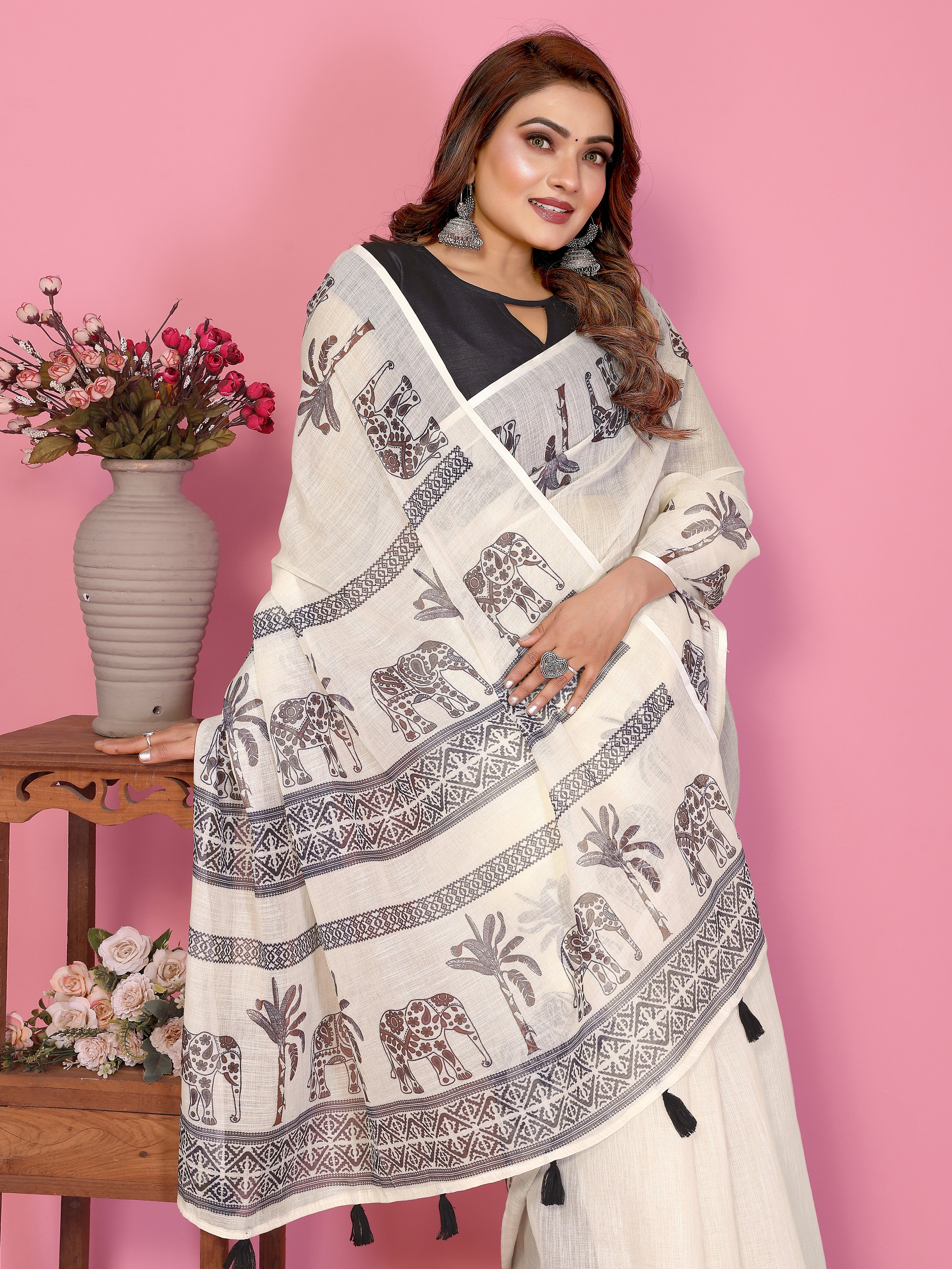 Fabrica Vibe Off-White Soft Linen Saree with Elephant & Palm Tree Ethnic Print