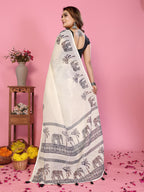 Fabrica Vibe Off-White Soft Linen Saree with Elephant & Palm Tree Ethnic Print
