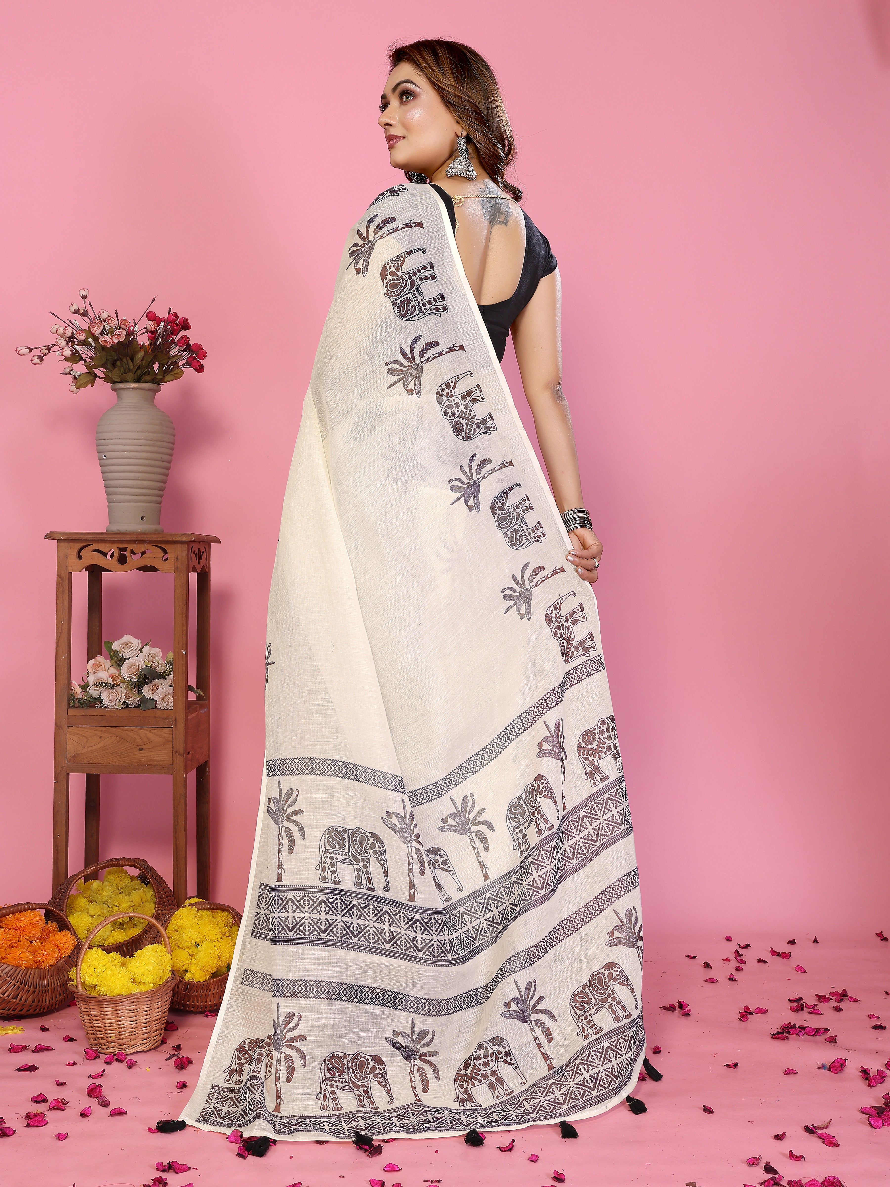 Fabrica Vibe Off-White Soft Linen Saree with Elephant & Palm Tree Ethnic Print