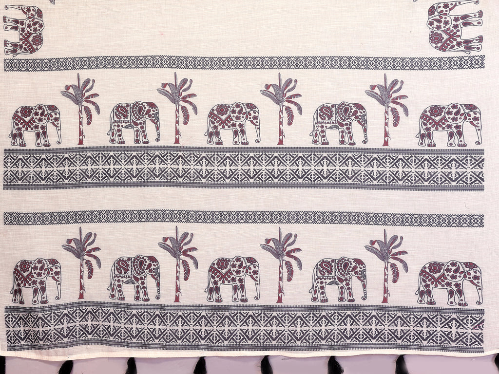 Fabrica Vibe Off-White Soft Linen Saree with Elephant & Palm Tree Ethnic Print