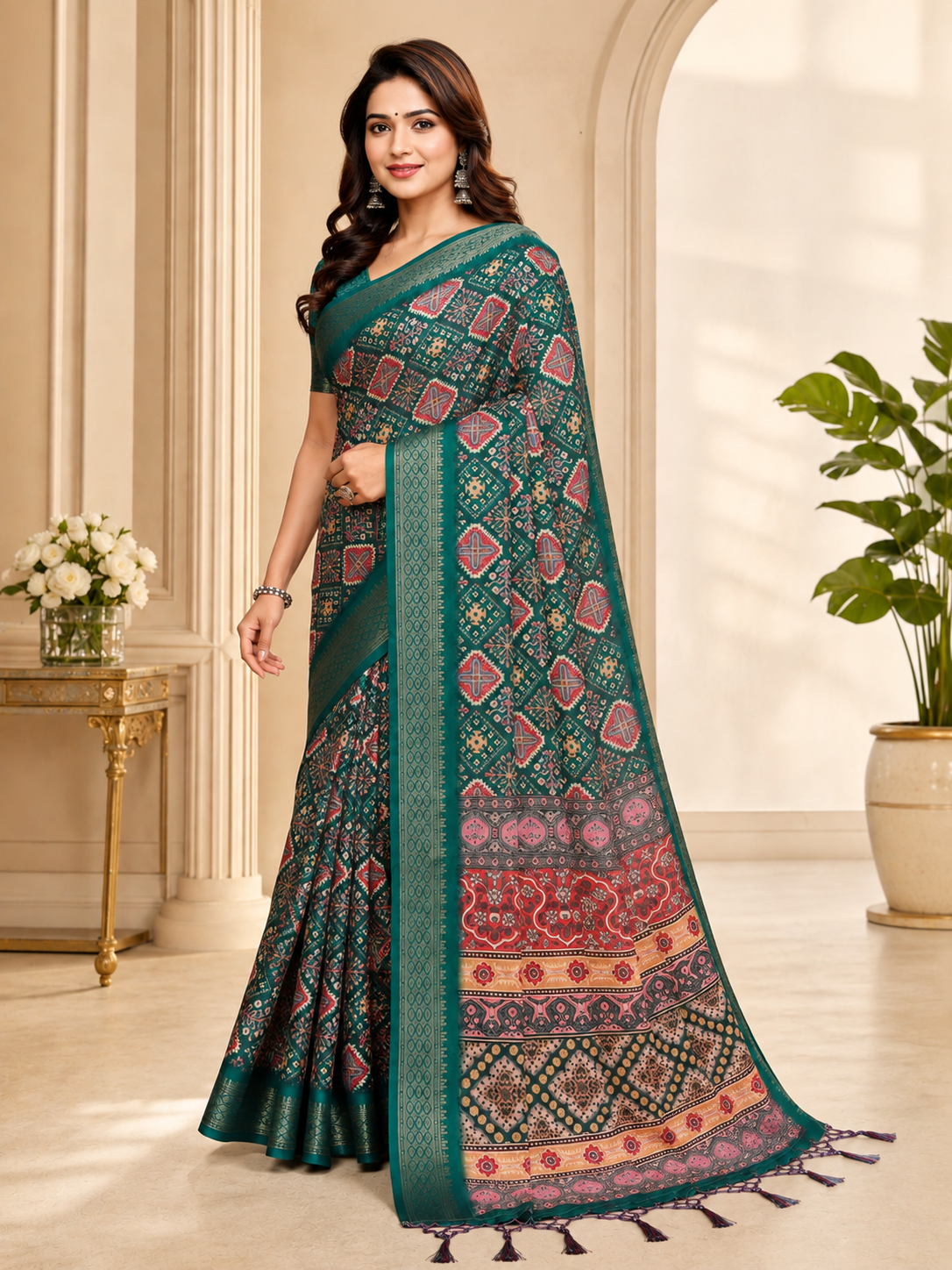 Fabrica Vibe Women's Green Printed Soft Silk Saree with Woven Border & Designer Pallu