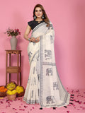 Fabrica Vibe Off-White Soft Linen Saree with Traditional Elephant Print & Tribal Border