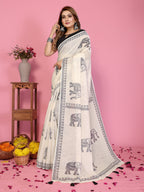 Fabrica Vibe Off-White Soft Linen Saree with Traditional Elephant Print & Tribal Border