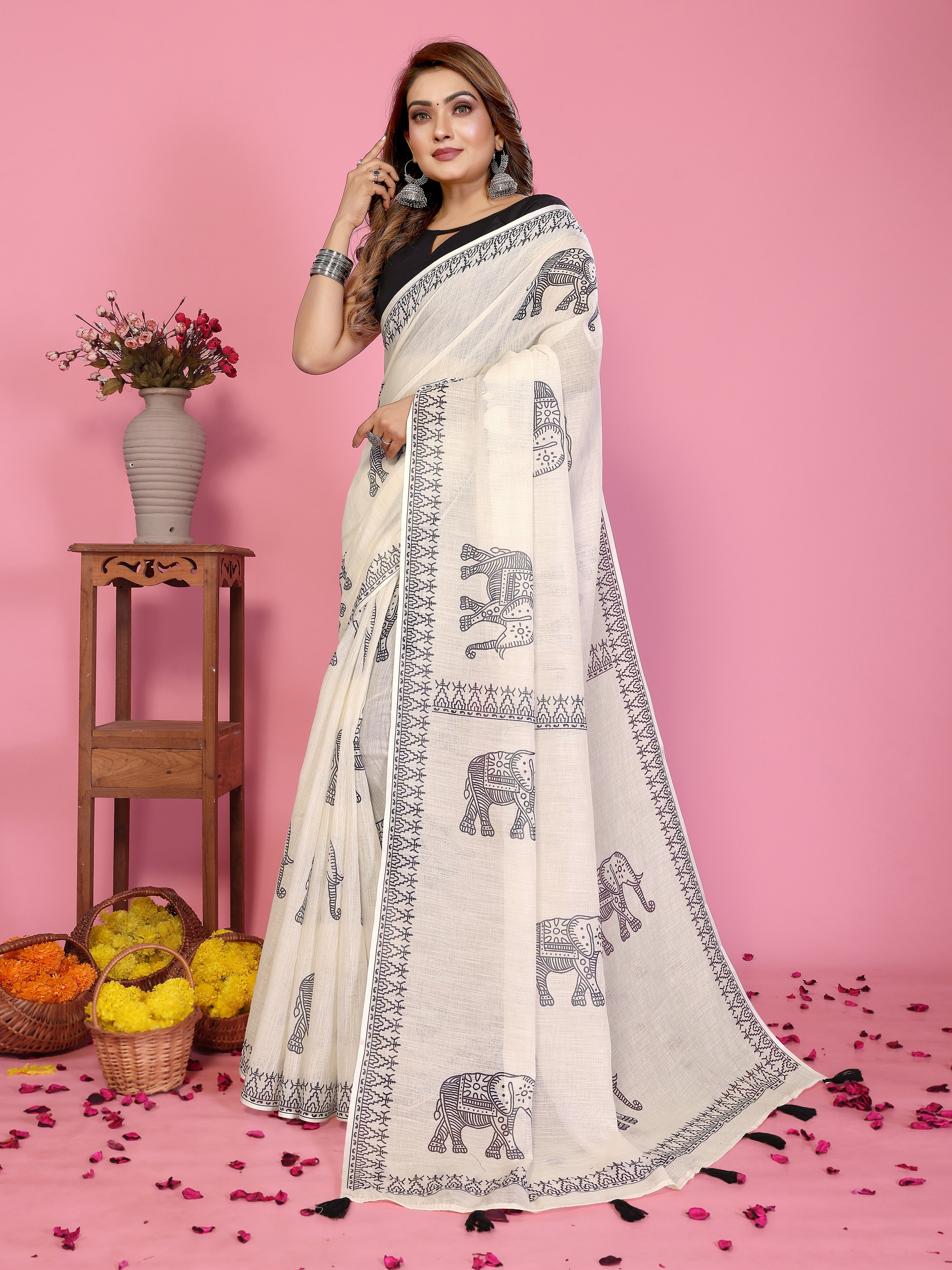 Fabrica Vibe Off-White Soft Linen Saree with Traditional Elephant Print & Tribal Border