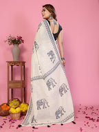 Fabrica Vibe Off-White Soft Linen Saree with Traditional Elephant Print & Tribal Border