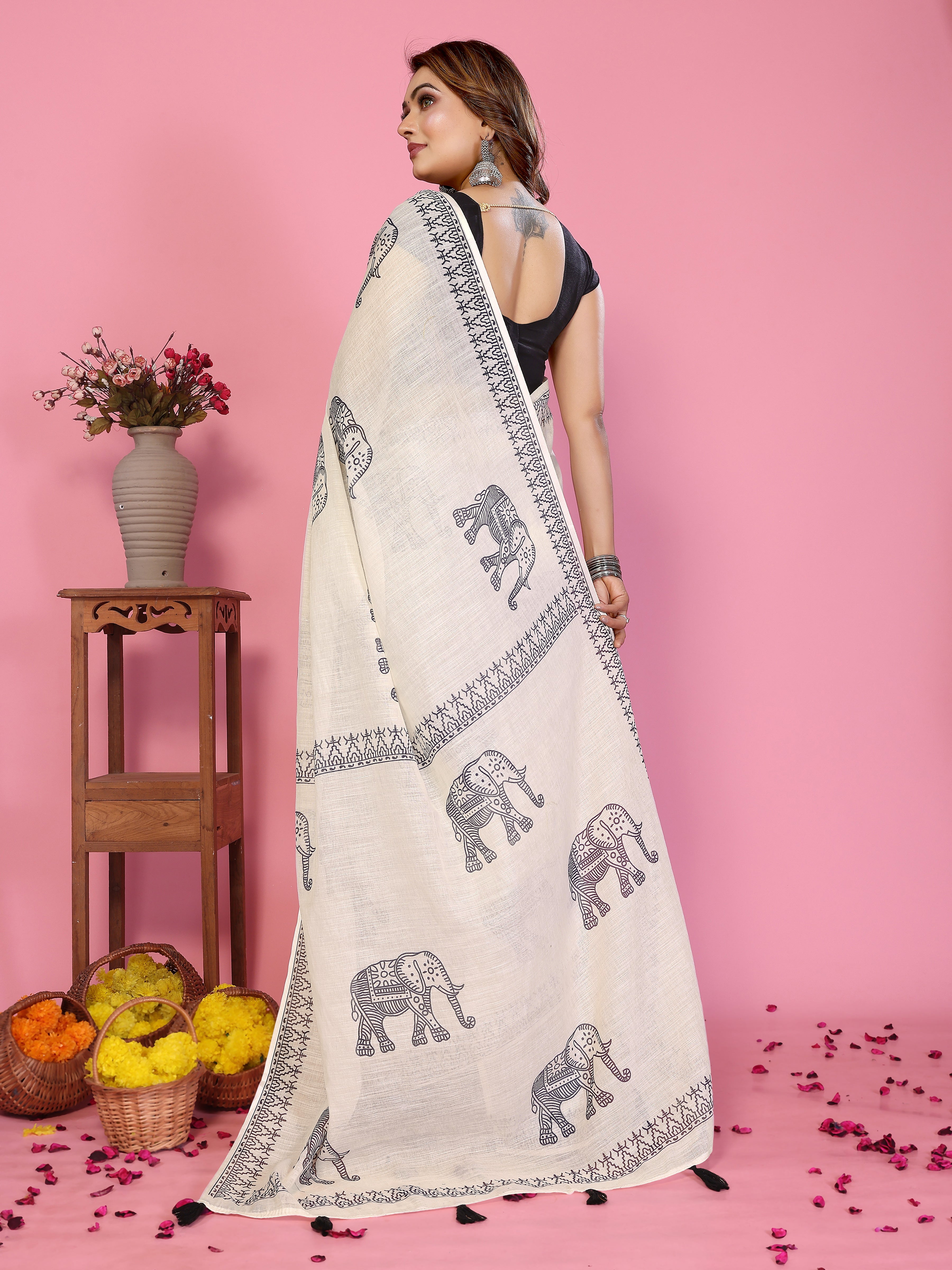 Fabrica Vibe Off-White Soft Linen Saree with Traditional Elephant Print & Tribal Border
