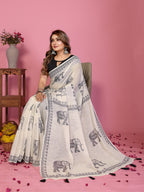 Fabrica Vibe Off-White Soft Linen Saree with Traditional Elephant Print & Tribal Border