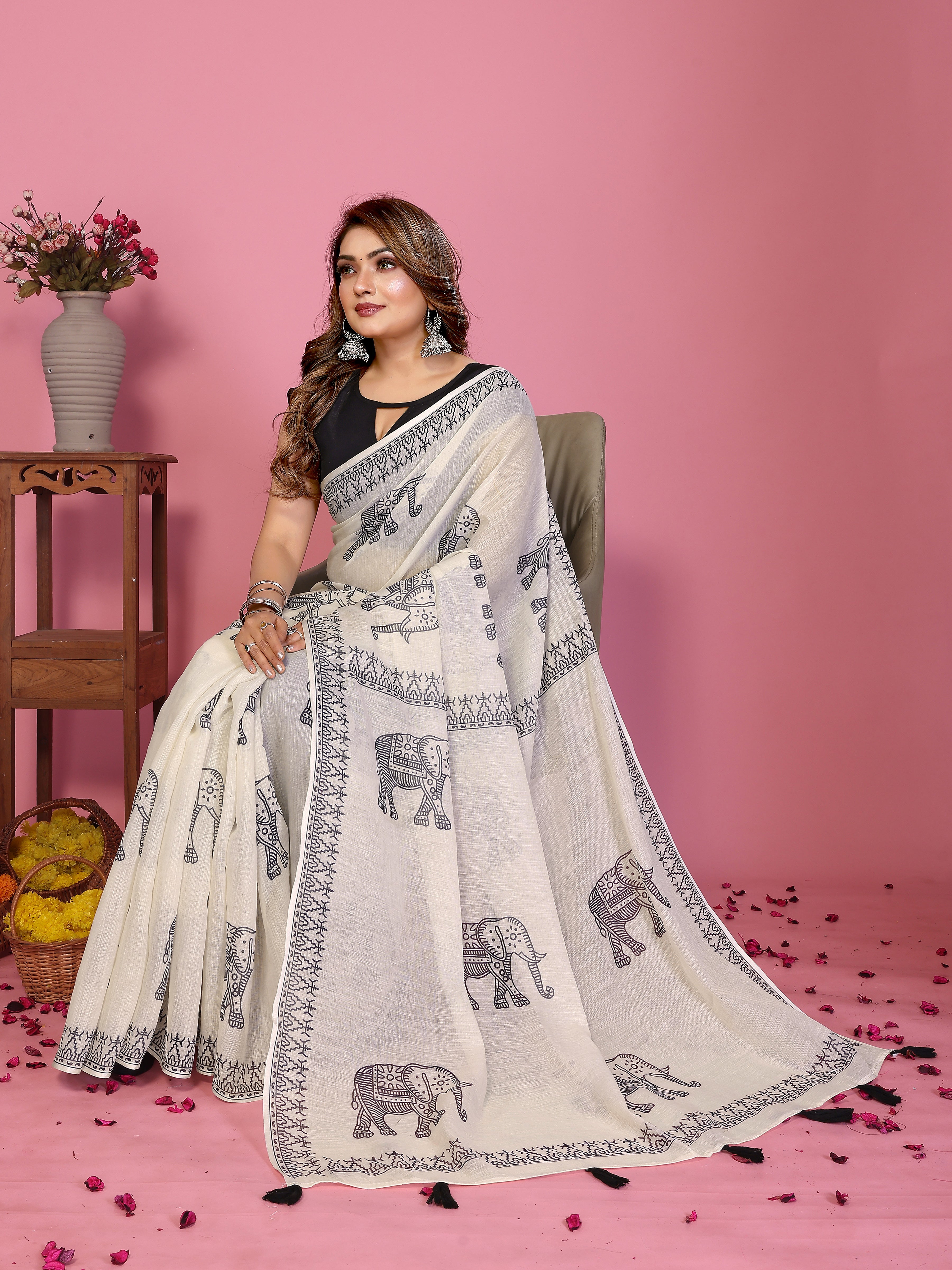 Fabrica Vibe Off-White Soft Linen Saree with Traditional Elephant Print & Tribal Border