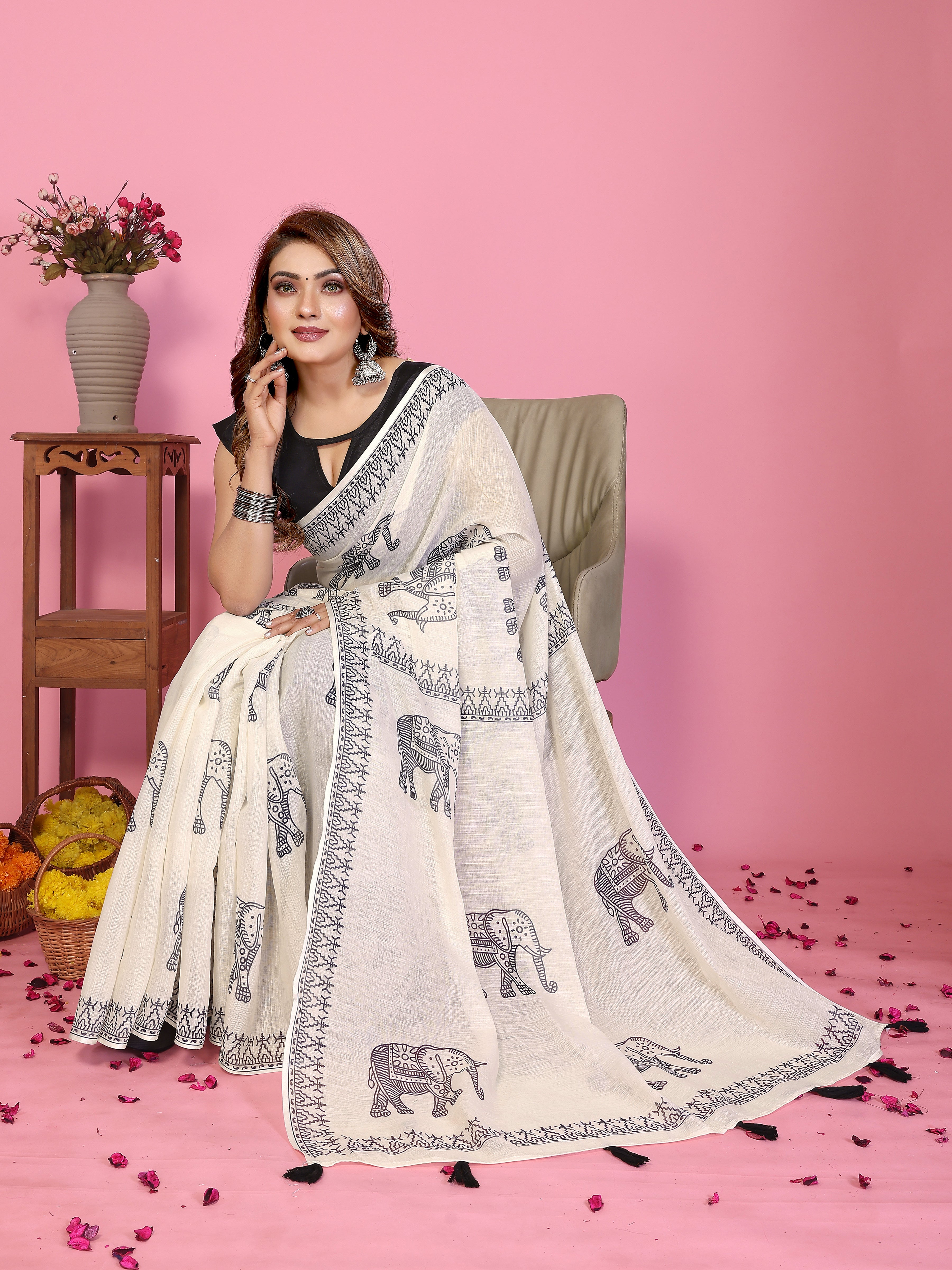 Fabrica Vibe Off-White Soft Linen Saree with Traditional Elephant Print & Tribal Border