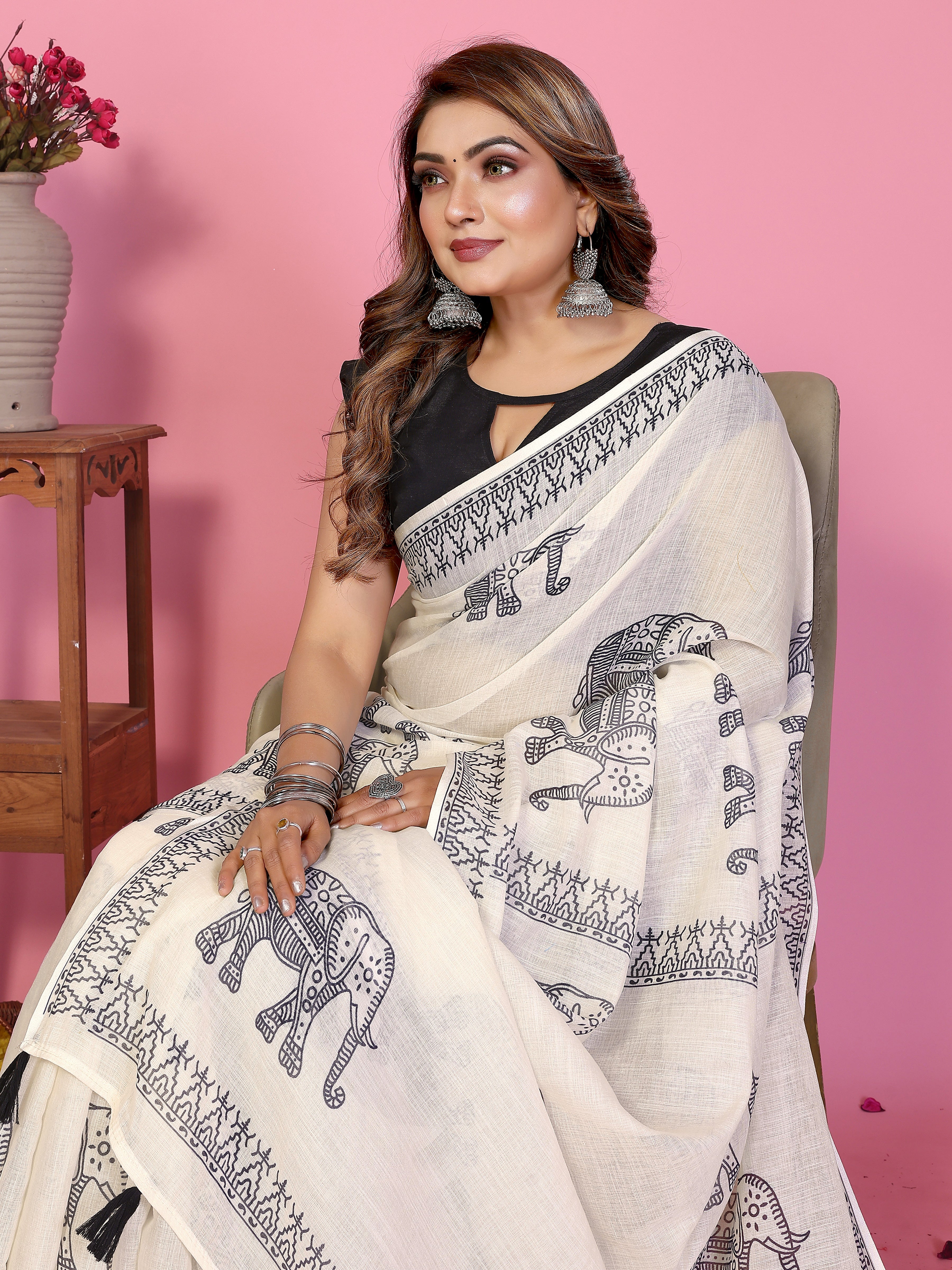 Fabrica Vibe Off-White Soft Linen Saree with Traditional Elephant Print & Tribal Border