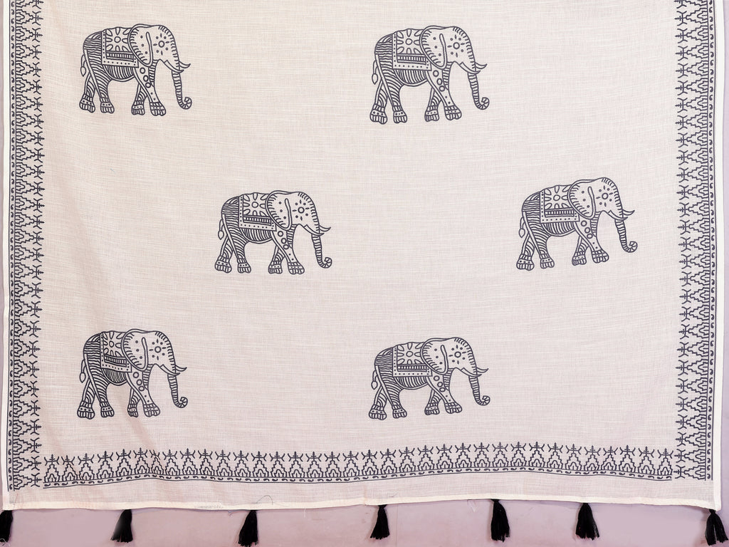 Fabrica Vibe Off-White Soft Linen Saree with Traditional Elephant Print & Tribal Border