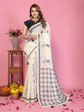 Fabrica Vibe Off-White Soft Linen Saree with Floral Print & Geometric Pallu Design